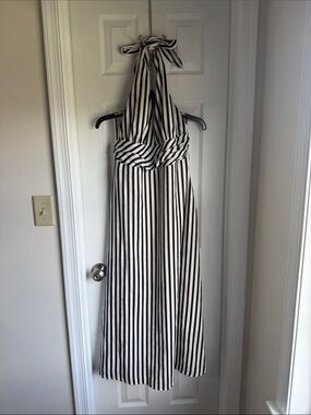 Commense Black and White Backless Halter Stripe Maxi Dress